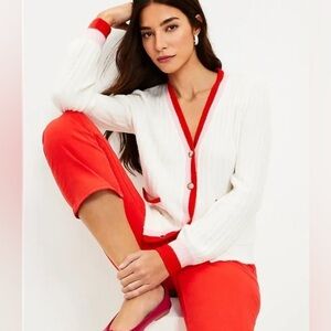 LOFT Petite Puff Sleeve V-Neck Cardigan Cream Cardigan with Pink and Red Trim XL